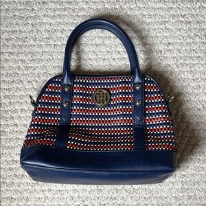 Tommy Hilfiger red, white and blue shoulder bag. Gold accents, some wear.